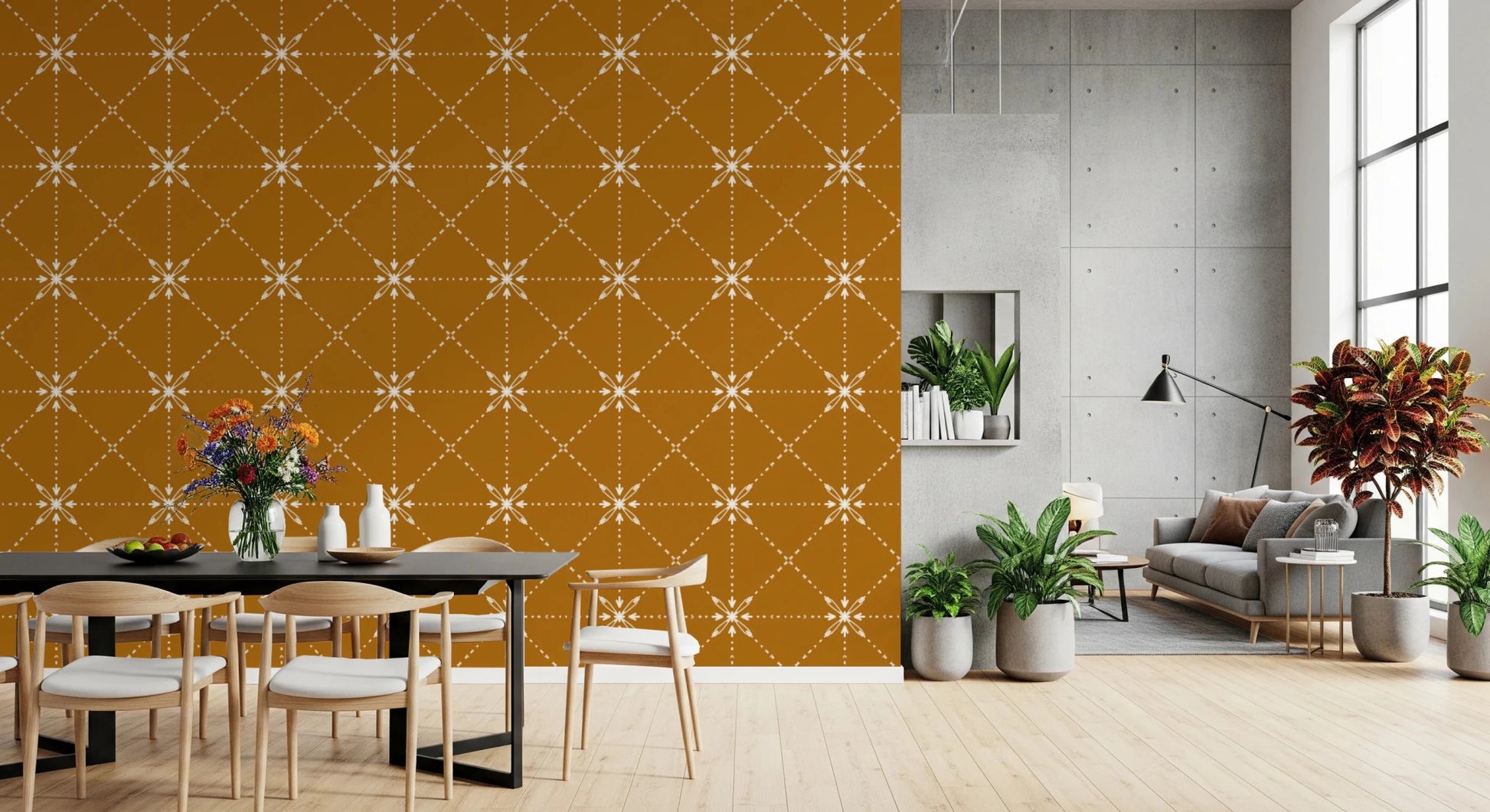Sashiko Hana - Goshi - Latticed Flower Stitch On Gold Wallpaper⁠