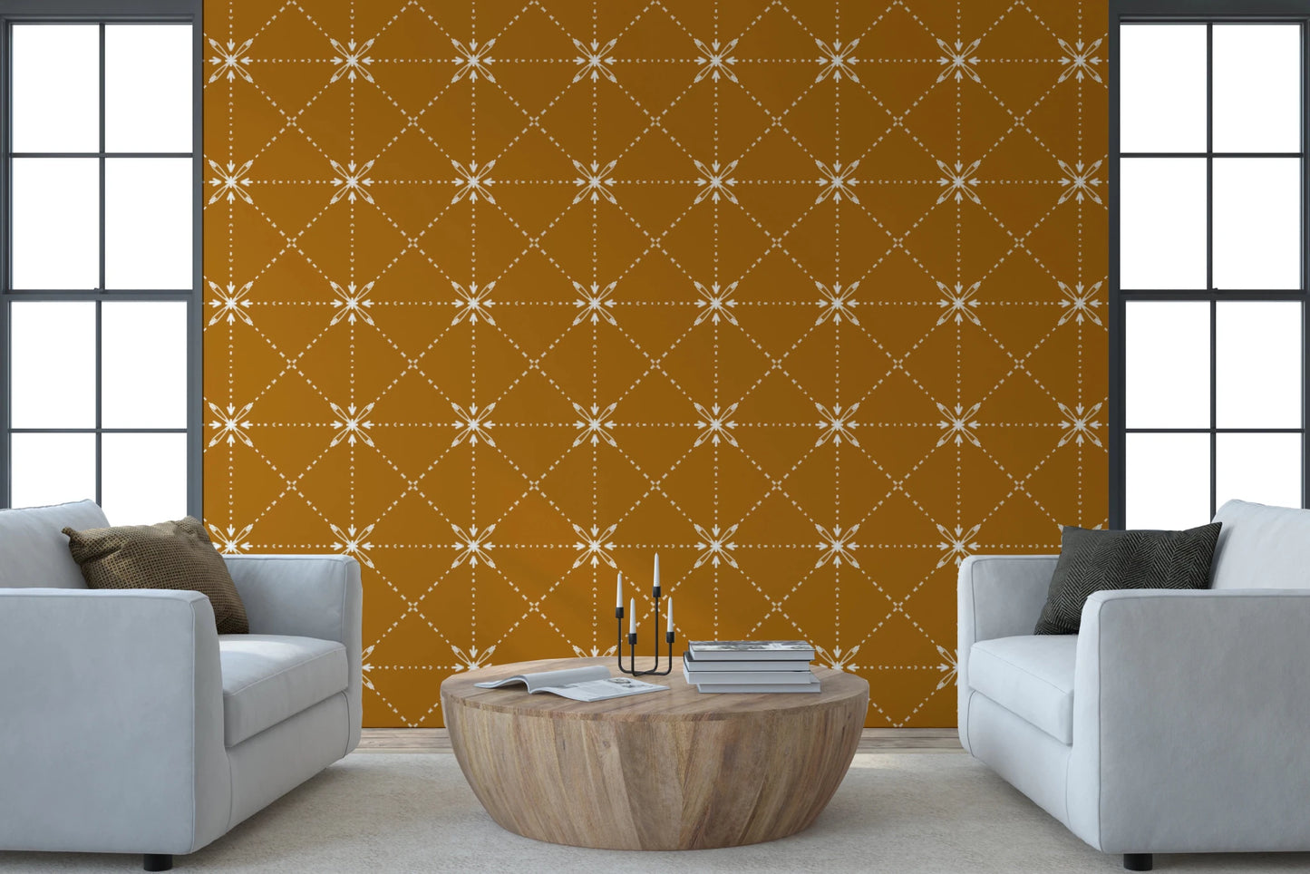 Sashiko Hana - Goshi - Latticed Flower Stitch On Gold Wallpaper⁠
