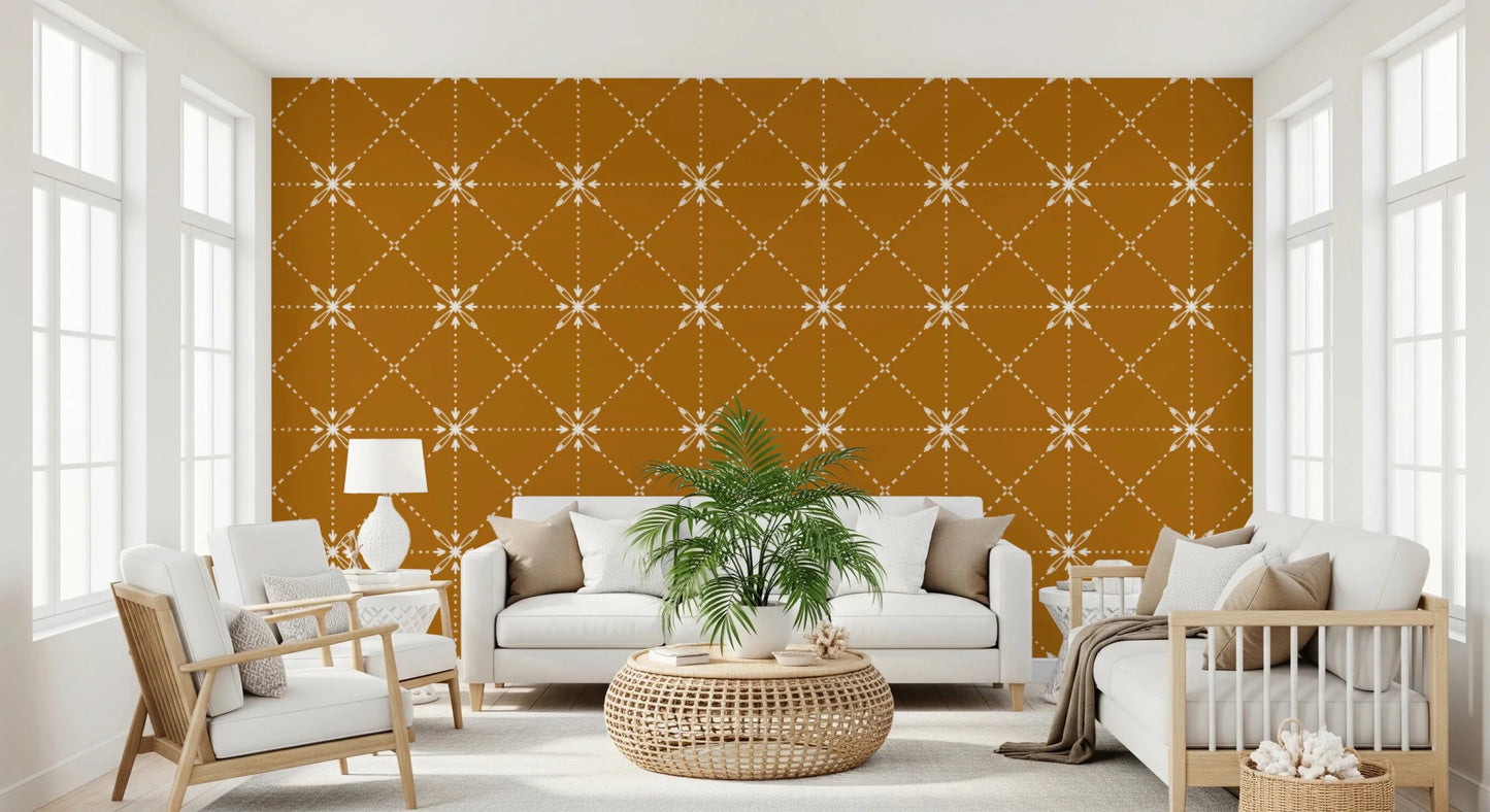 Sashiko Hana - Goshi - Latticed Flower Stitch On Gold Wallpaper⁠