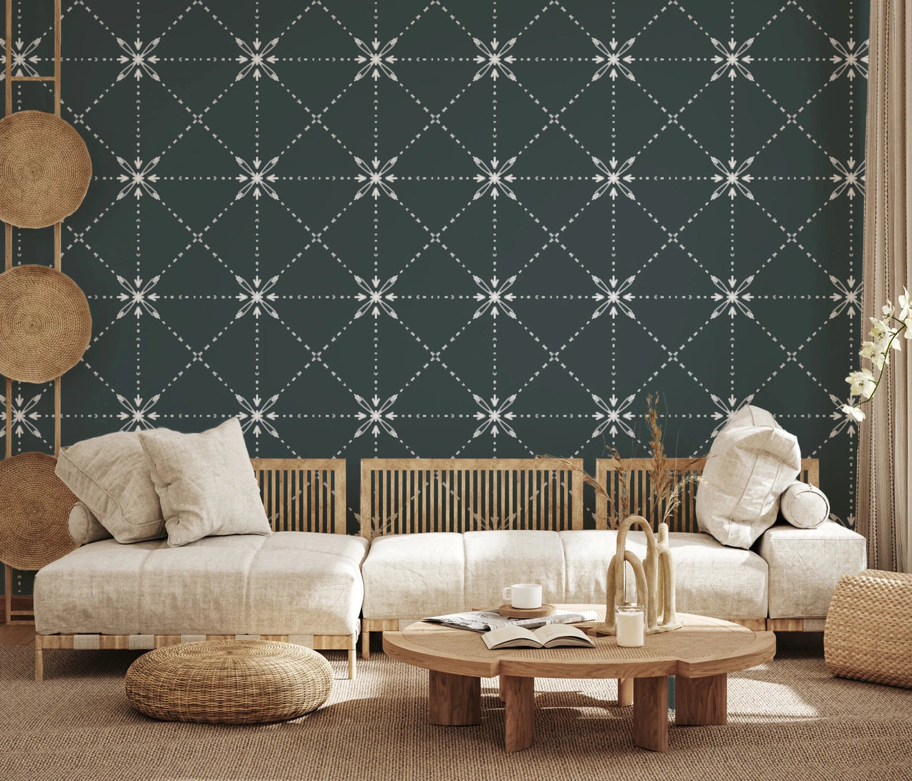 Sashiko Hana - Goshi - Latticed Flower Stitch On Outer Space Wallpaper⁠