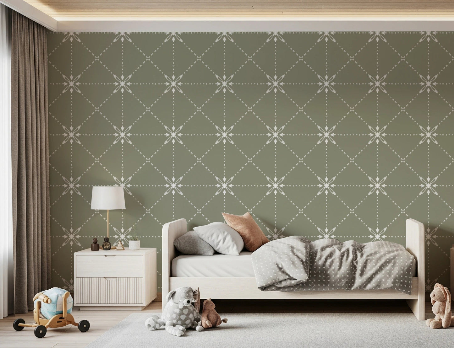 Sashiko Hana - Goshi - Latticed Flower Stitch On Sage Wallpaper⁠