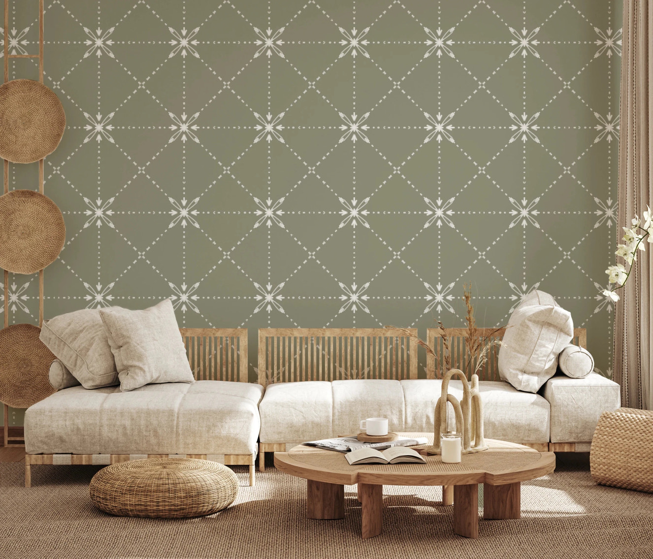 Sashiko Hana - Goshi - Latticed Flower Stitch On Sage Wallpaper⁠