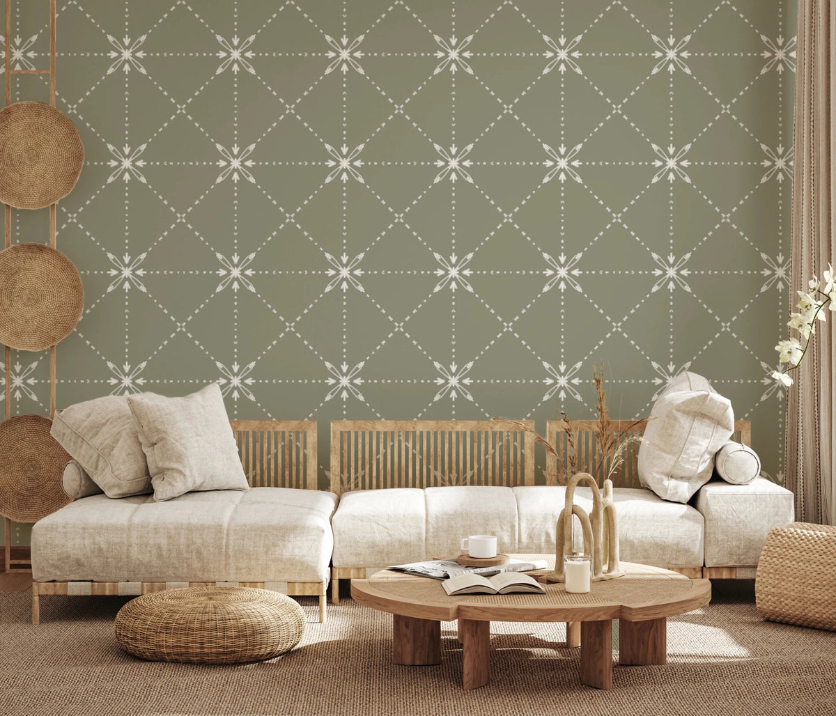 Sashiko Hana - Goshi - Latticed Flower Stitch On Sage Wallpaper⁠