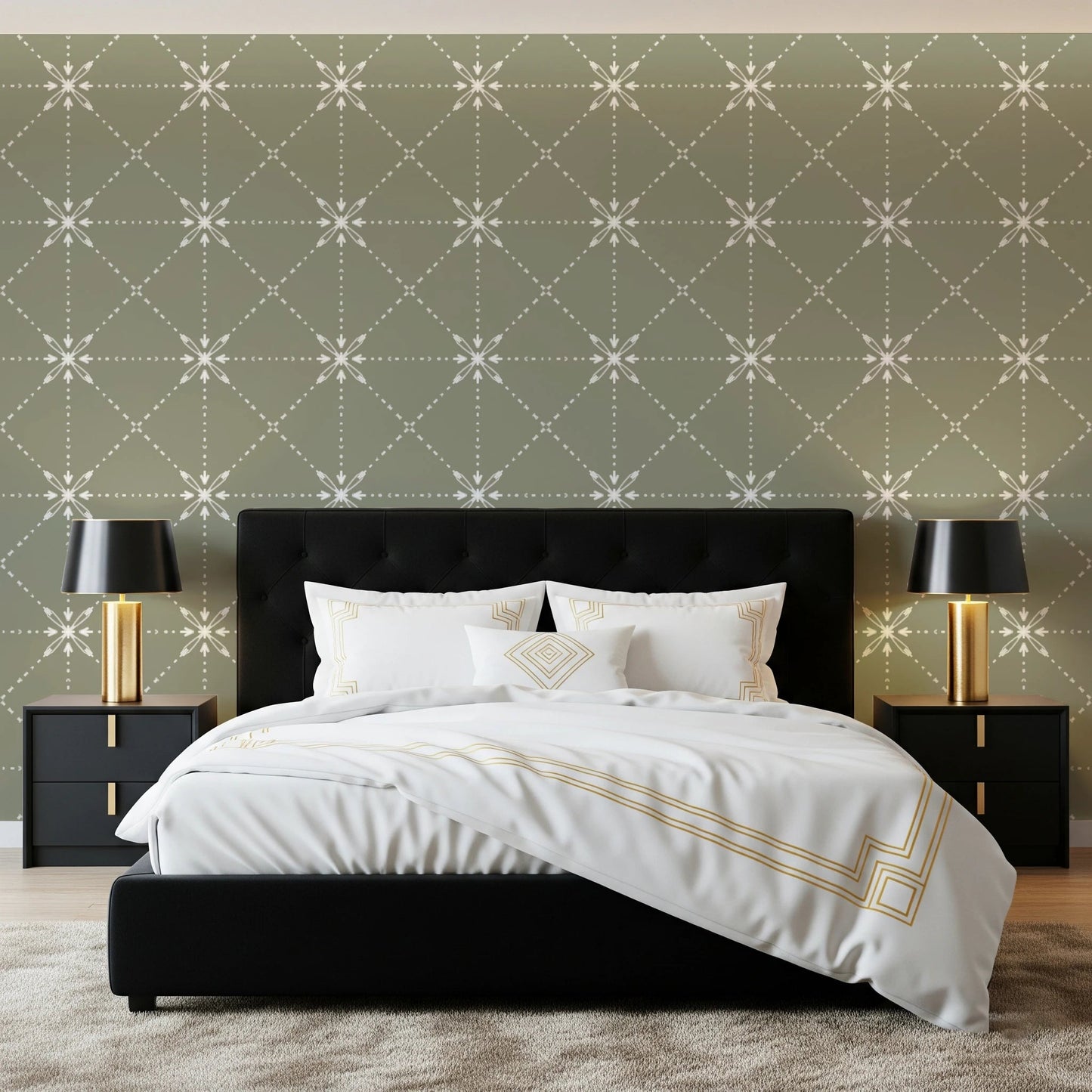 Sashiko Hana - Goshi - Latticed Flower Stitch On Sage Wallpaper⁠