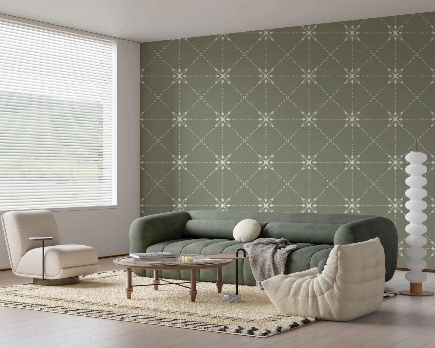 Sashiko Hana - Goshi - Latticed Flower Stitch On Sage Wallpaper⁠