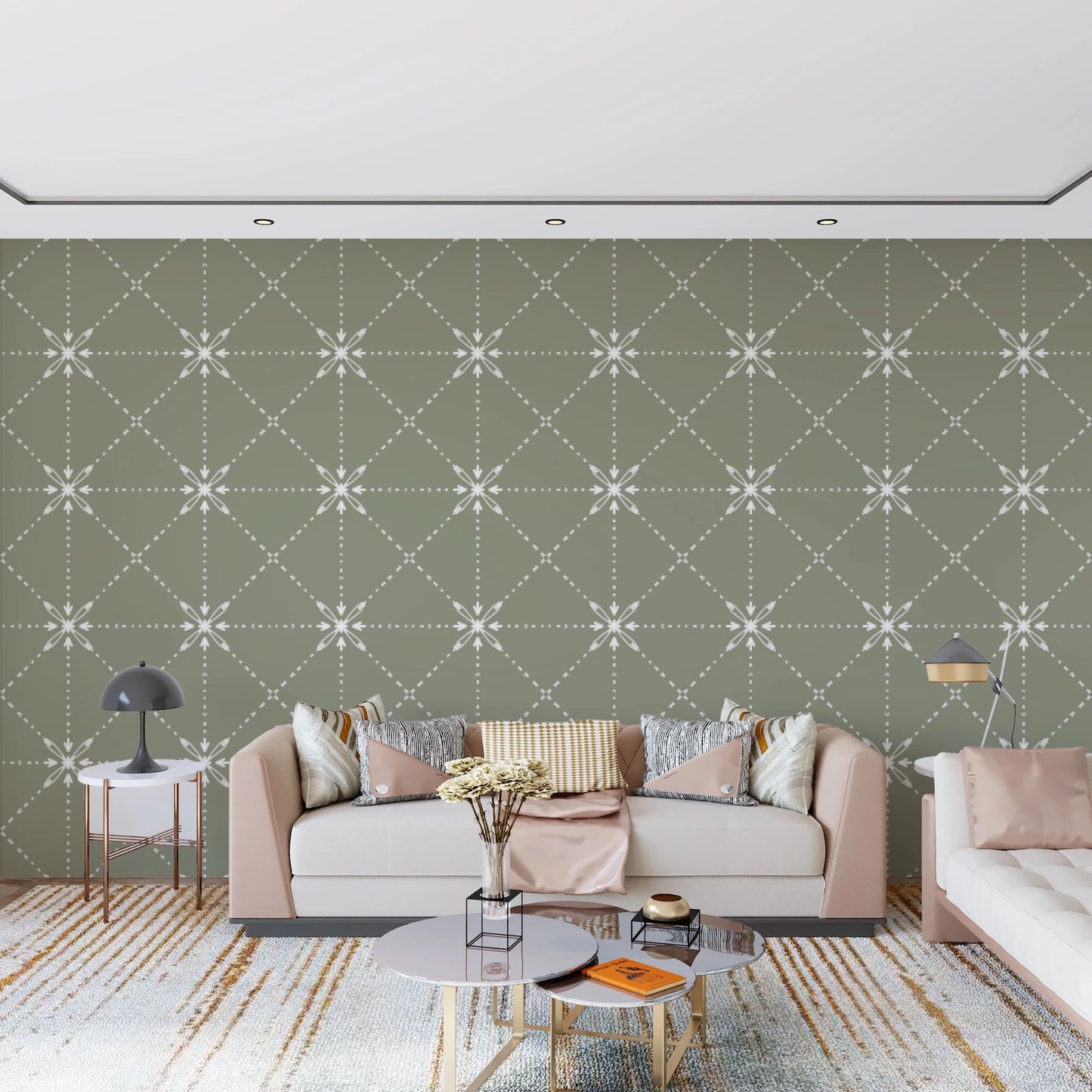 Sashiko Hana - Goshi - Latticed Flower Stitch On Sage Wallpaper⁠