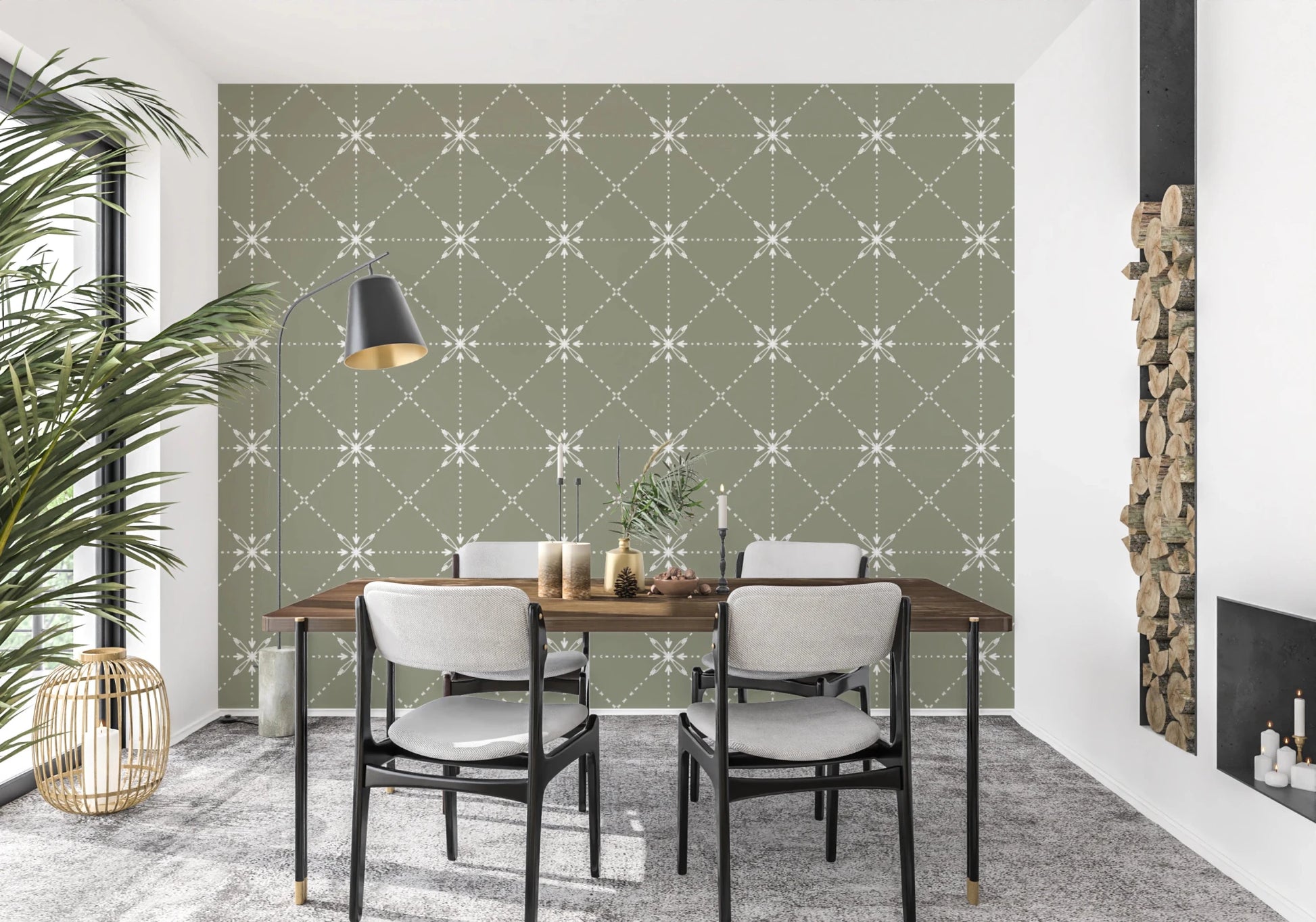 Sashiko Hana - Goshi - Latticed Flower Stitch On Sage Wallpaper⁠