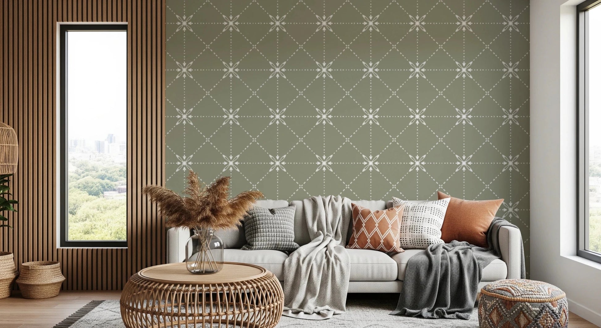 Sashiko Hana - Goshi - Latticed Flower Stitch On Sage Wallpaper⁠