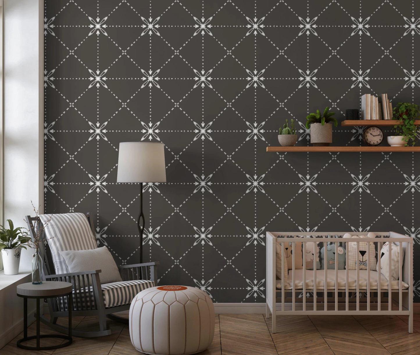 Sashiko Hana - Goshi - Latticed Flower Stitch On Silhouette Wallpaper⁠
