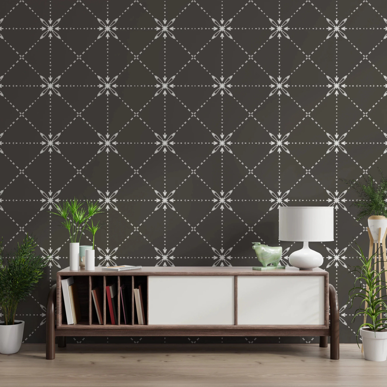 Sashiko Hana - Goshi - Latticed Flower Stitch On Silhouette Wallpaper⁠