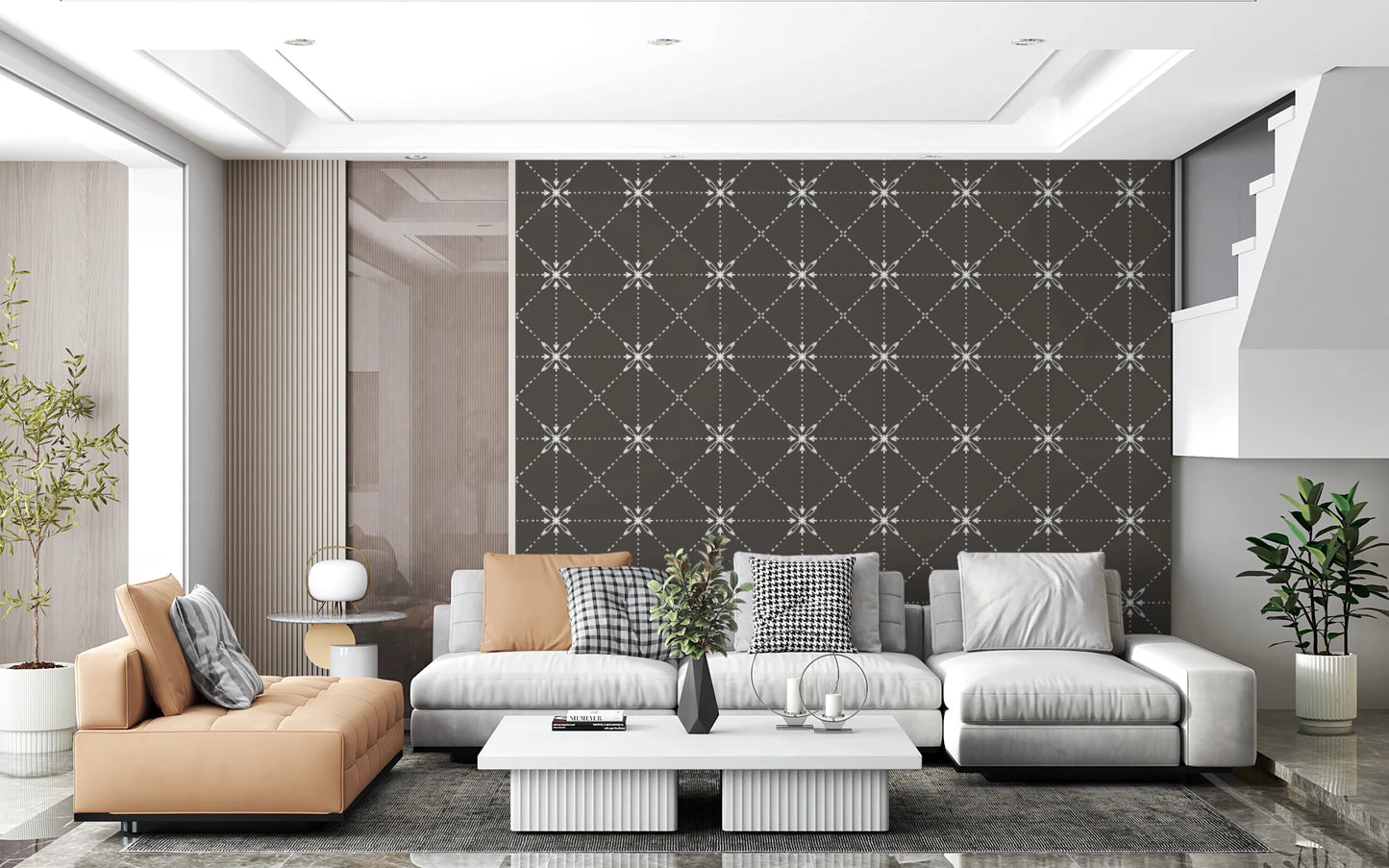 Sashiko Hana - Goshi - Latticed Flower Stitch On Silhouette Wallpaper⁠