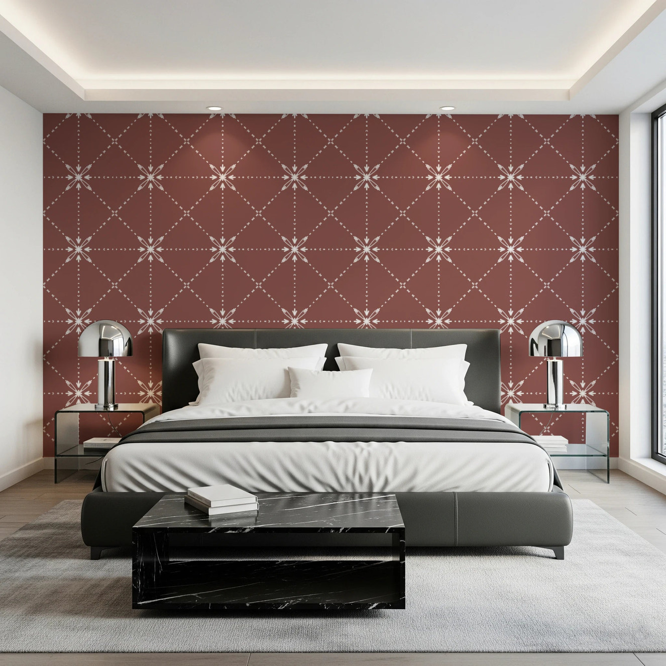 Sashiko Hana - Goshi - Latticed Flower Stitch On Terracotta Wallpaper⁠