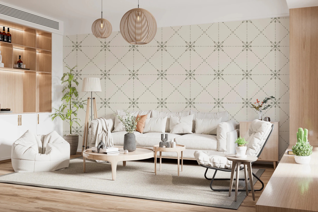 Sashiko Hana - Goshi - Latticed Flower Stitch Sage Wallpaper⁠