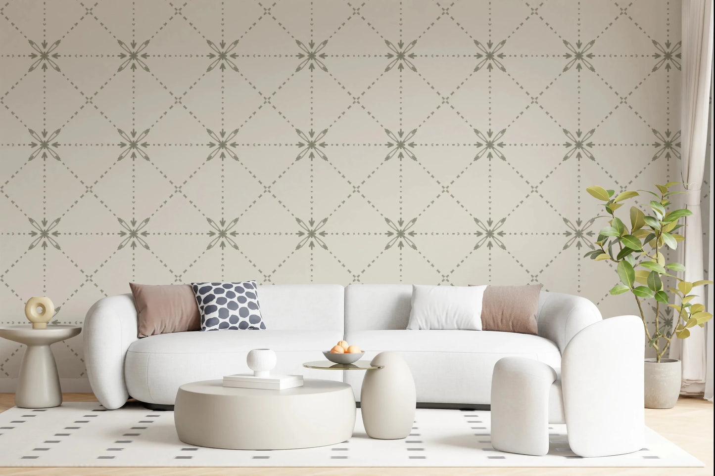 Sashiko Hana - Goshi - Latticed Flower Stitch Sage Wallpaper⁠