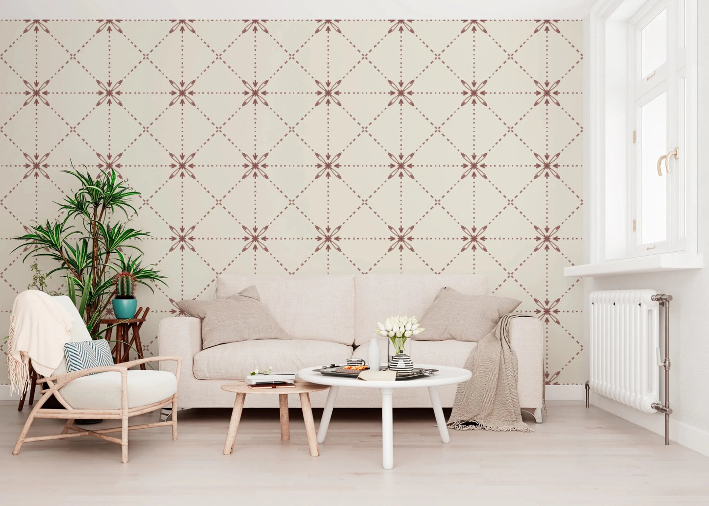 Sashiko Hana - Goshi - Latticed Flower Stitch Terracotta Wallpaper⁠