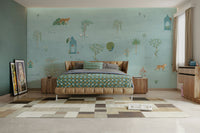 A peaceful wall mural with a wide savannah landscape.


