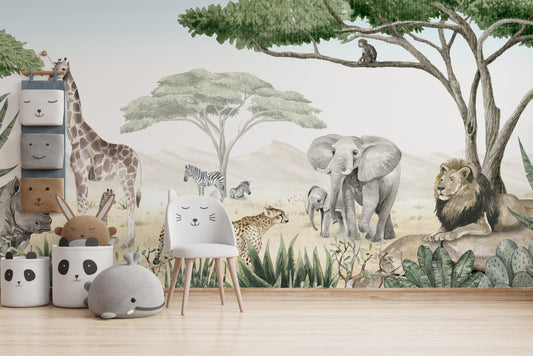 Savannah Jive mural wallpaper with lions and elephants