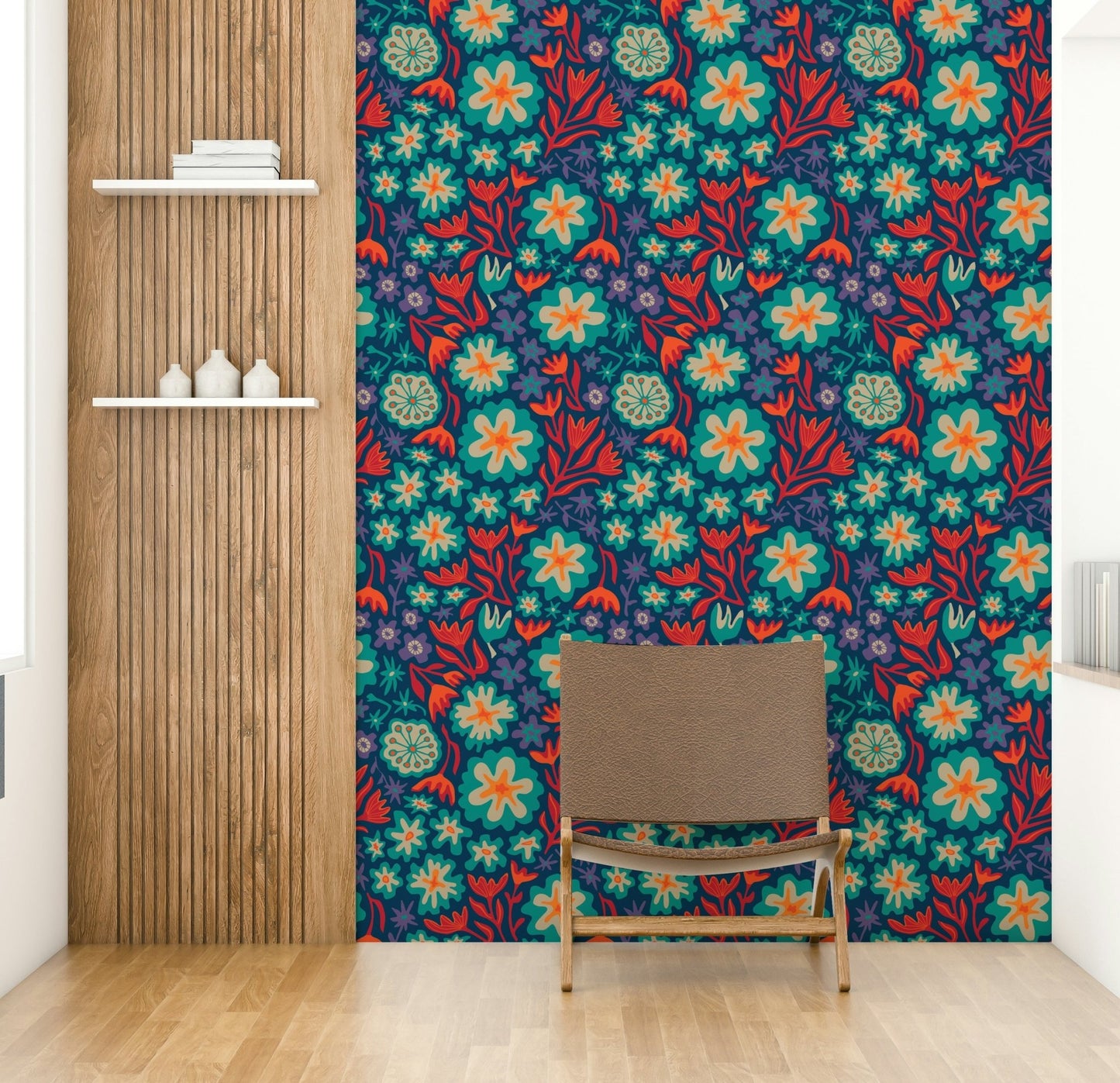 Sayulita Tropical Retro Floral Botanical Bright Aqua Orange Red Purple Dark Blue Wallpaper.

