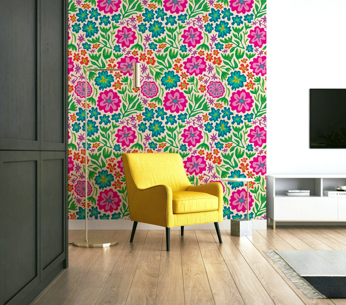 Vibrant rainbow-colored tropical flowers on a creamy background.

