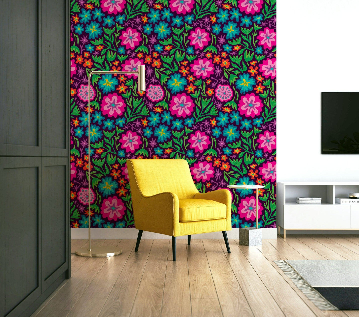 Vibrant rainbow-colored tropical flowers on a deep purple background.

