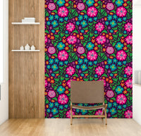 Sayulita Tropical Retro Floral Botanical Rainbow Brights on Deep Purple Wallpaper.

