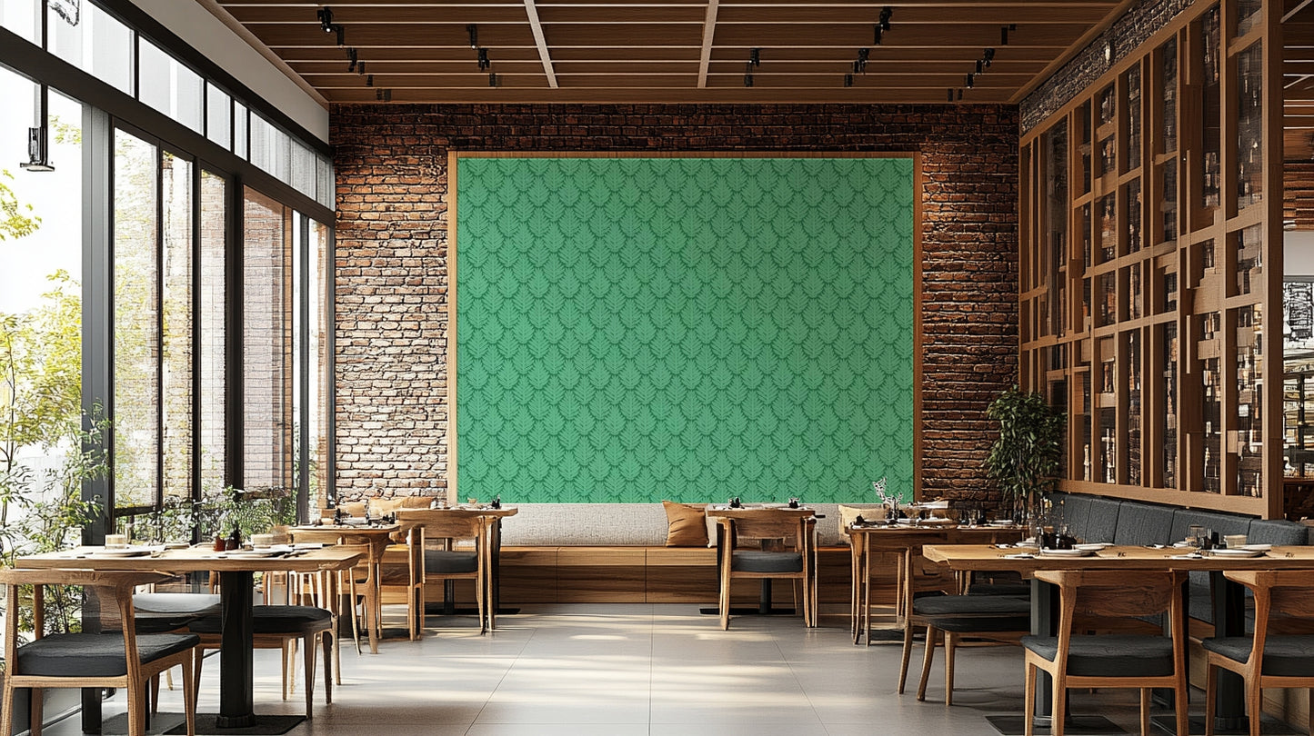 Green leaf scallop wallpaper with jewel jungle accents for stylish rooms

