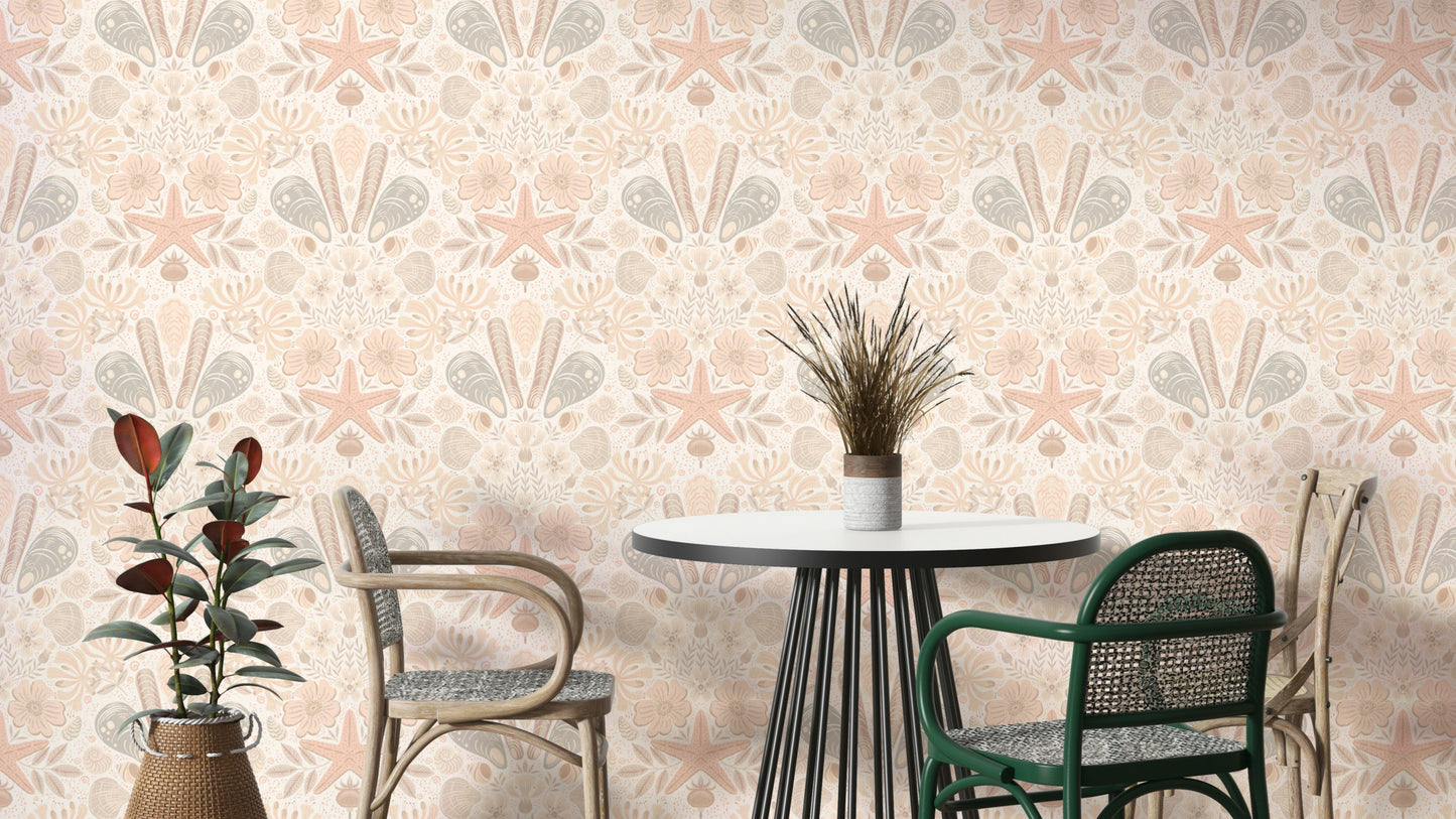 Blush wallpaper with Scandinavian floral damask

