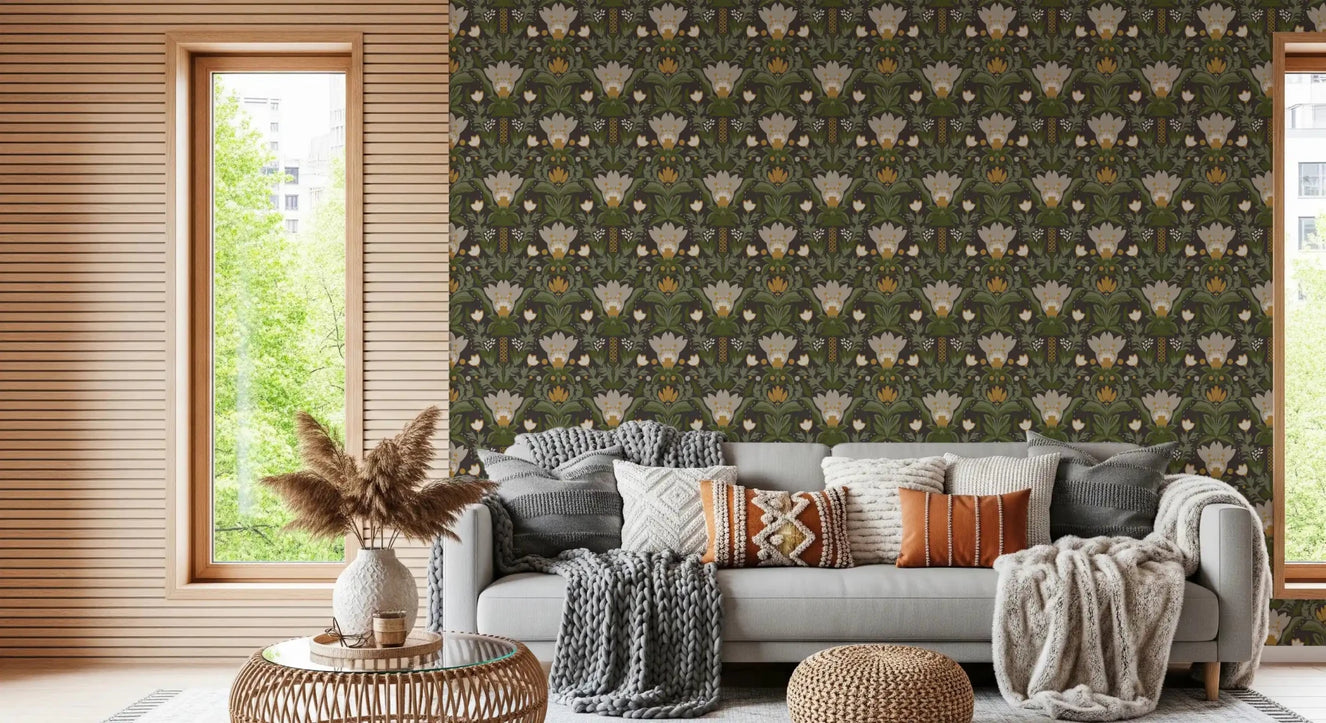 Nordic meadow floral wallpaper in a living room with sage leaf pattern