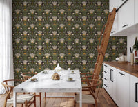 Meadow botanical wallpaper with sage leaves on a dark brown base