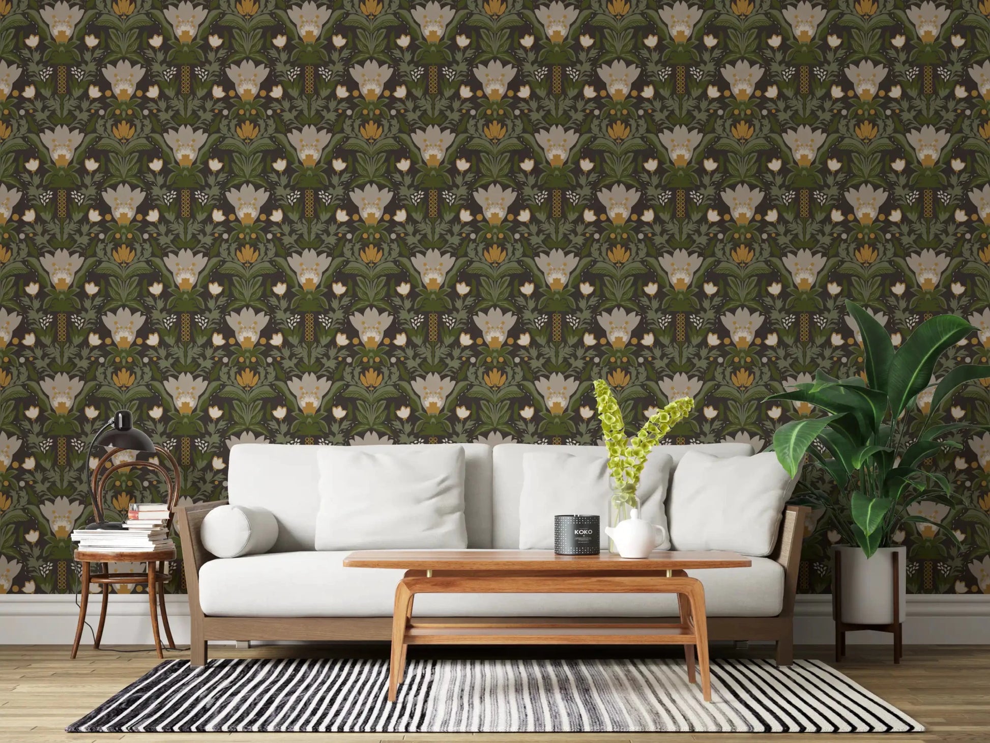 Nordic floral wallpaper in a hallway with earthy folk flower design