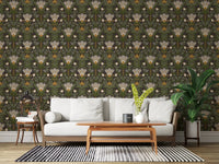 Nordic floral wallpaper in a hallway with earthy folk flower design