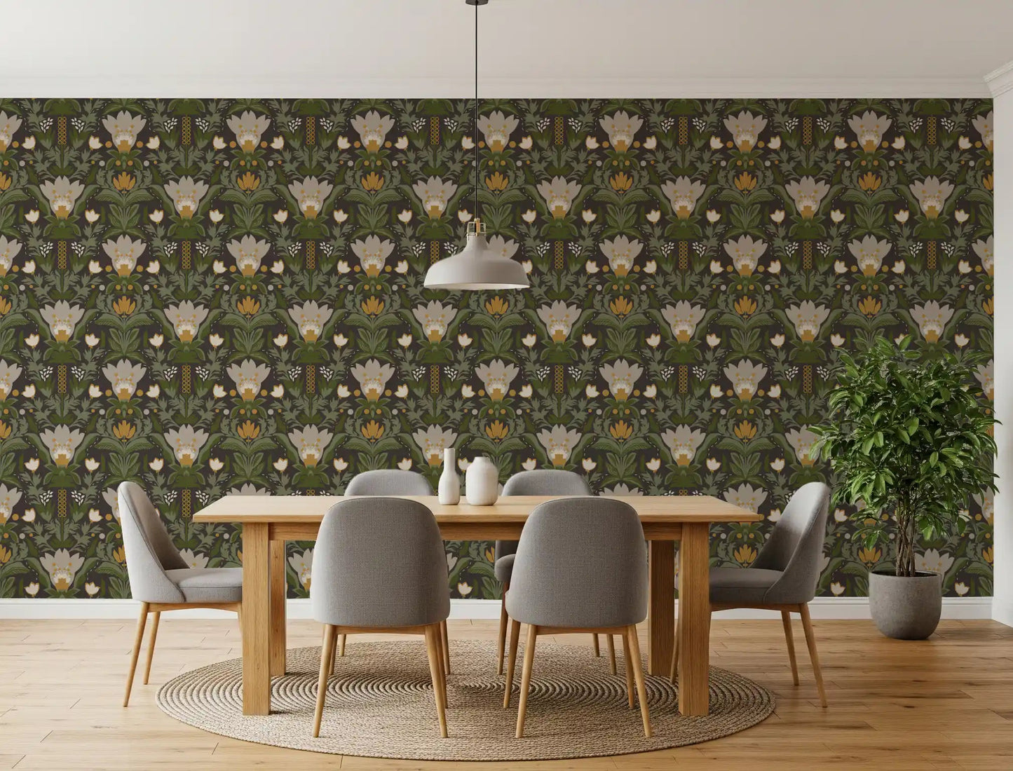 Floral pattern wallpaper with meadow leaves and stylized flowers