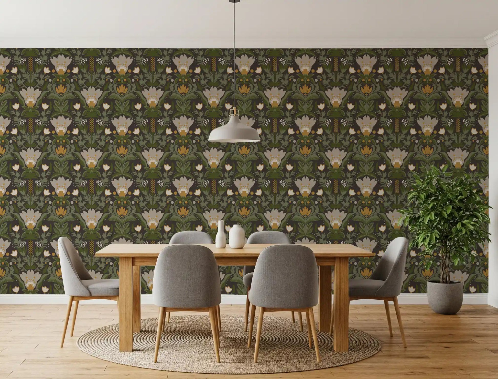 Floral pattern wallpaper with meadow leaves and stylized flowers