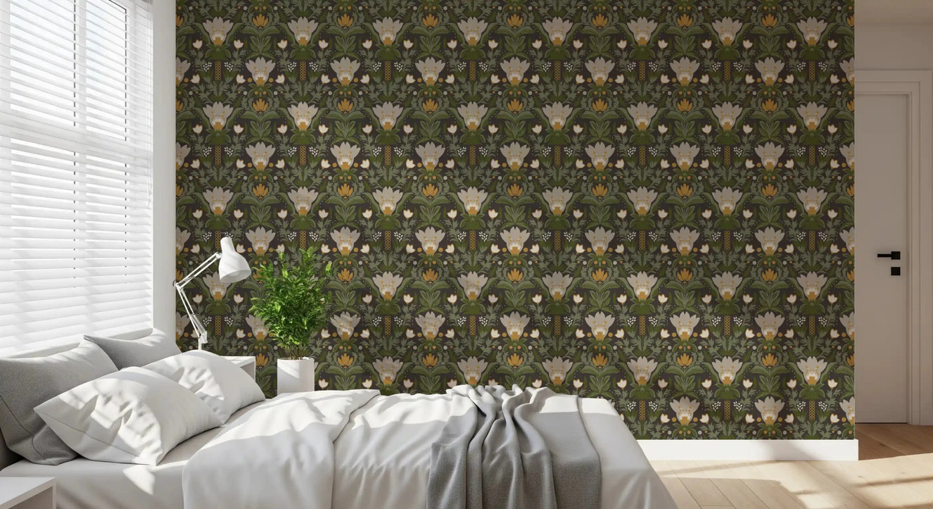 Meadow floral wallpaper for a bedroom with cream botanical blooms