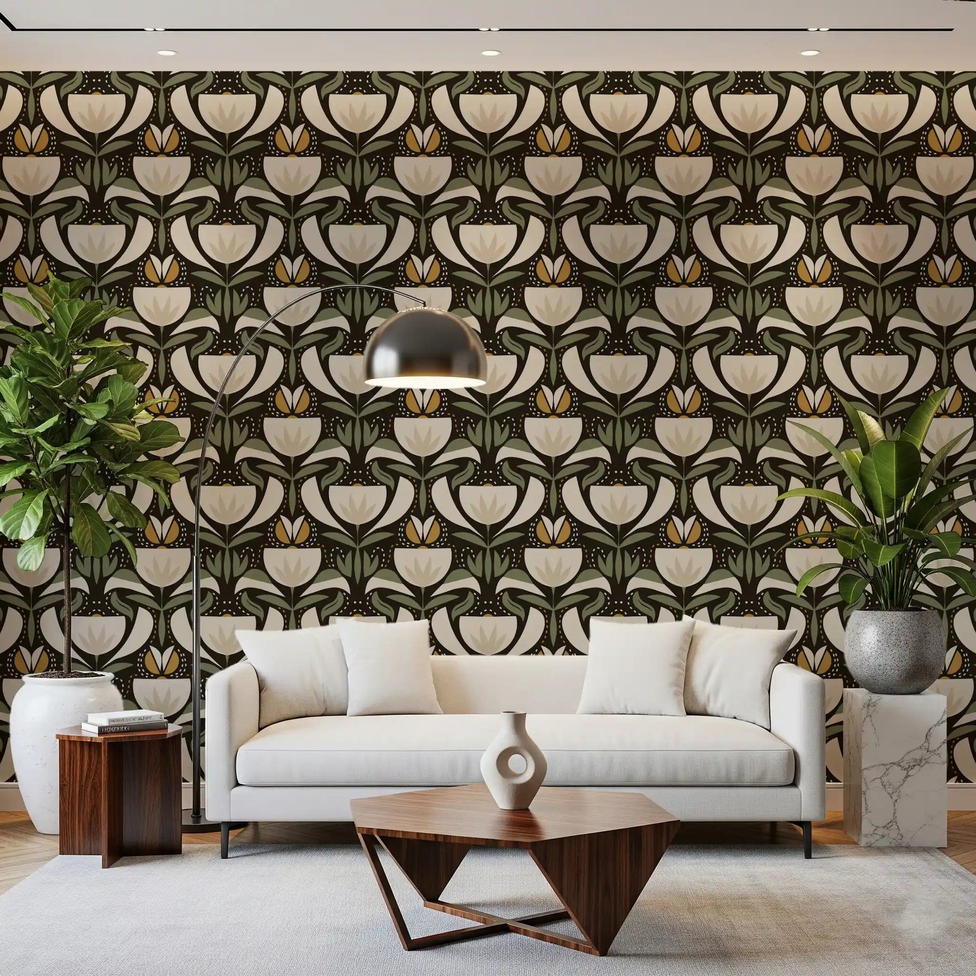 Vintage floral wallpaper showing tulip pattern, curved leaves, and dark contrast