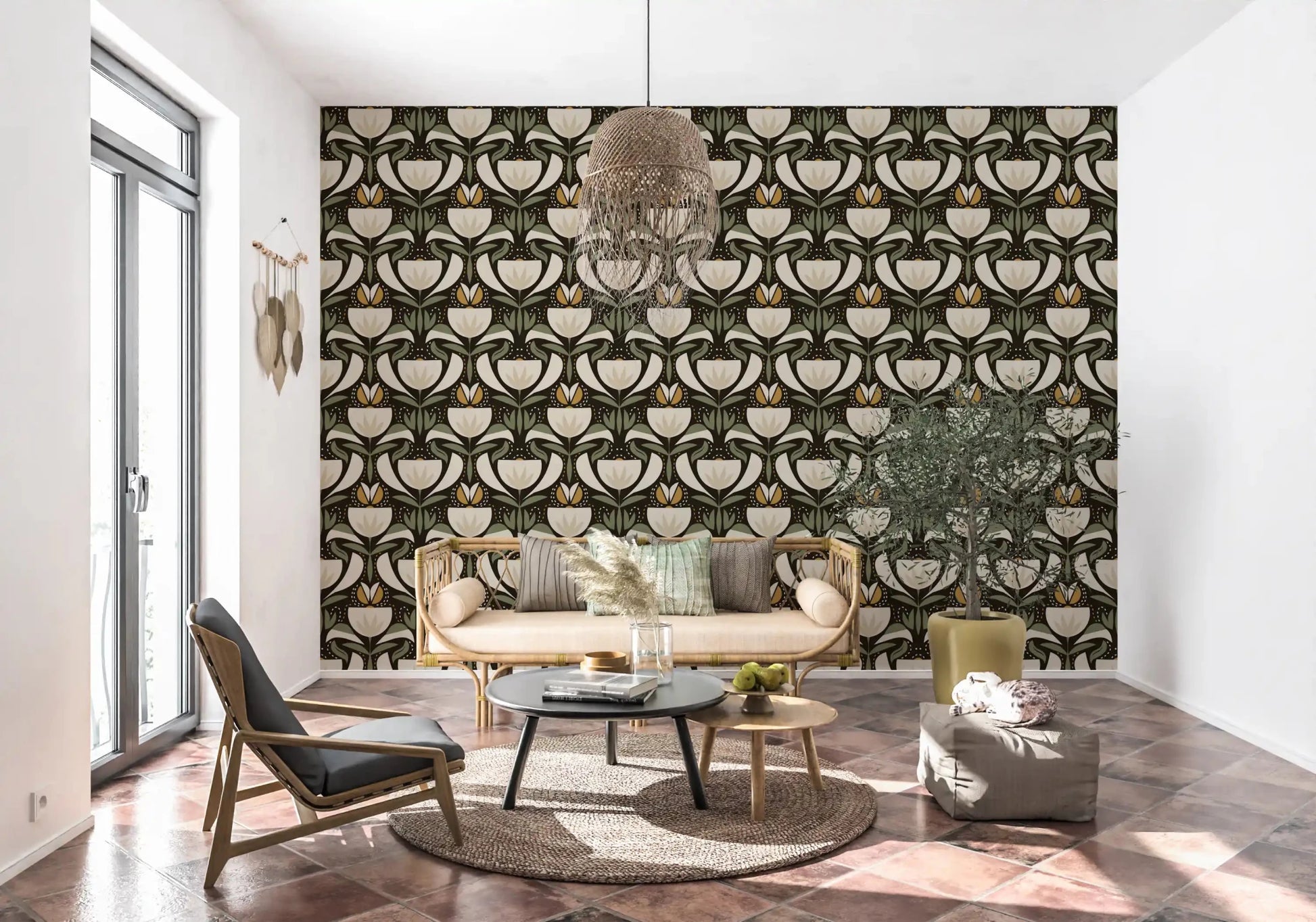 Tulip motif wallpaper with heritage pattern, soft cream petals, and sage foliage