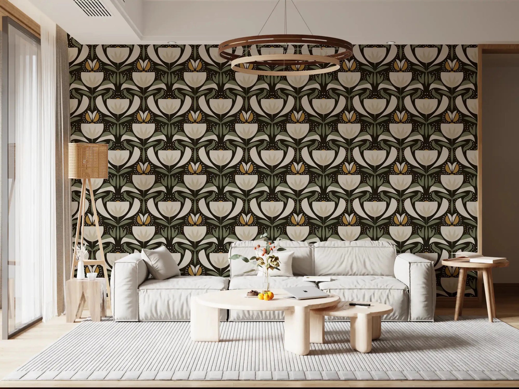 Heritage tulip pattern wallpaper in a living room with vintage floral and sage leaves