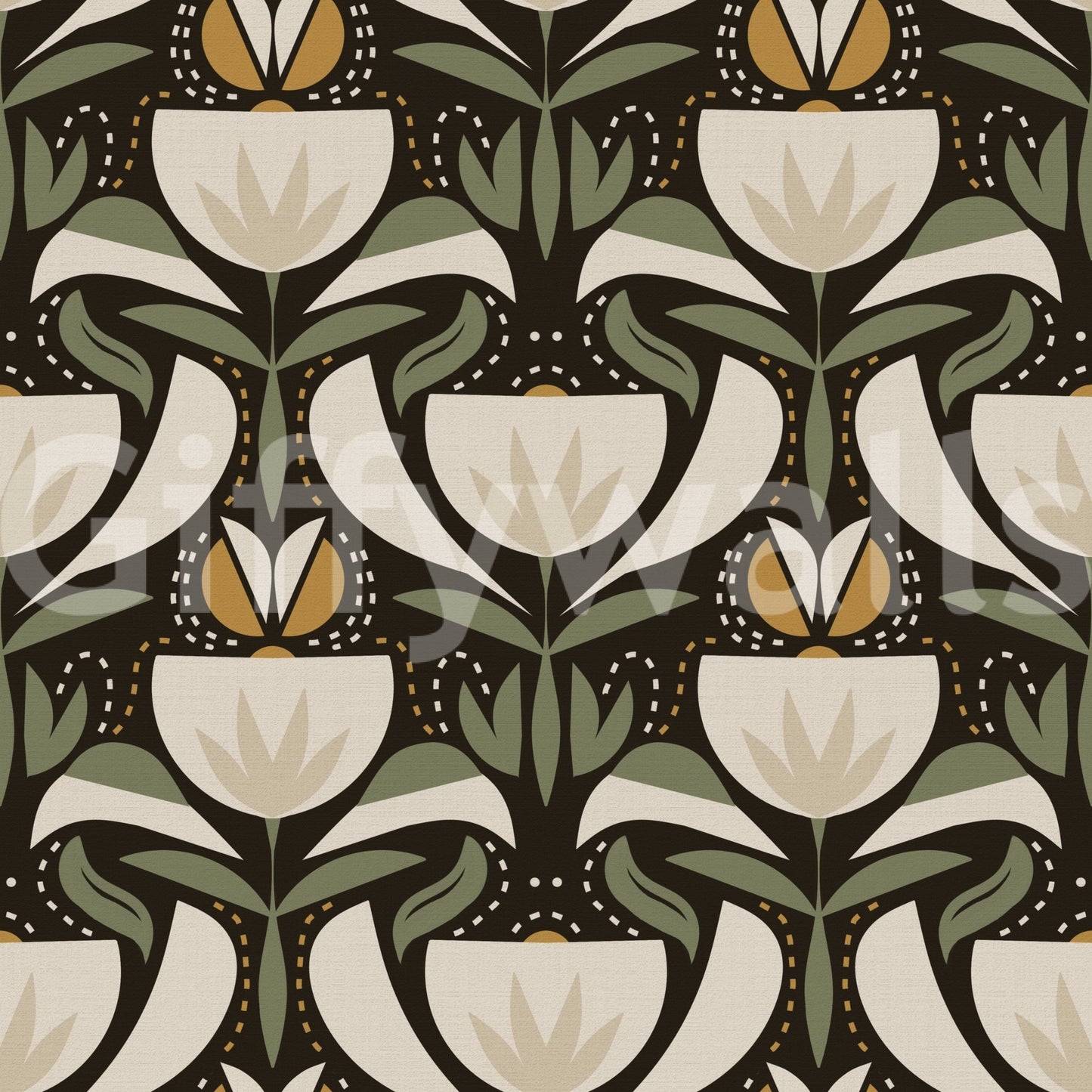 Repeating tulip wallpaper with heritage floral detail and a rich dark ground