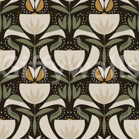 Repeating tulip wallpaper with heritage floral detail and a rich dark ground