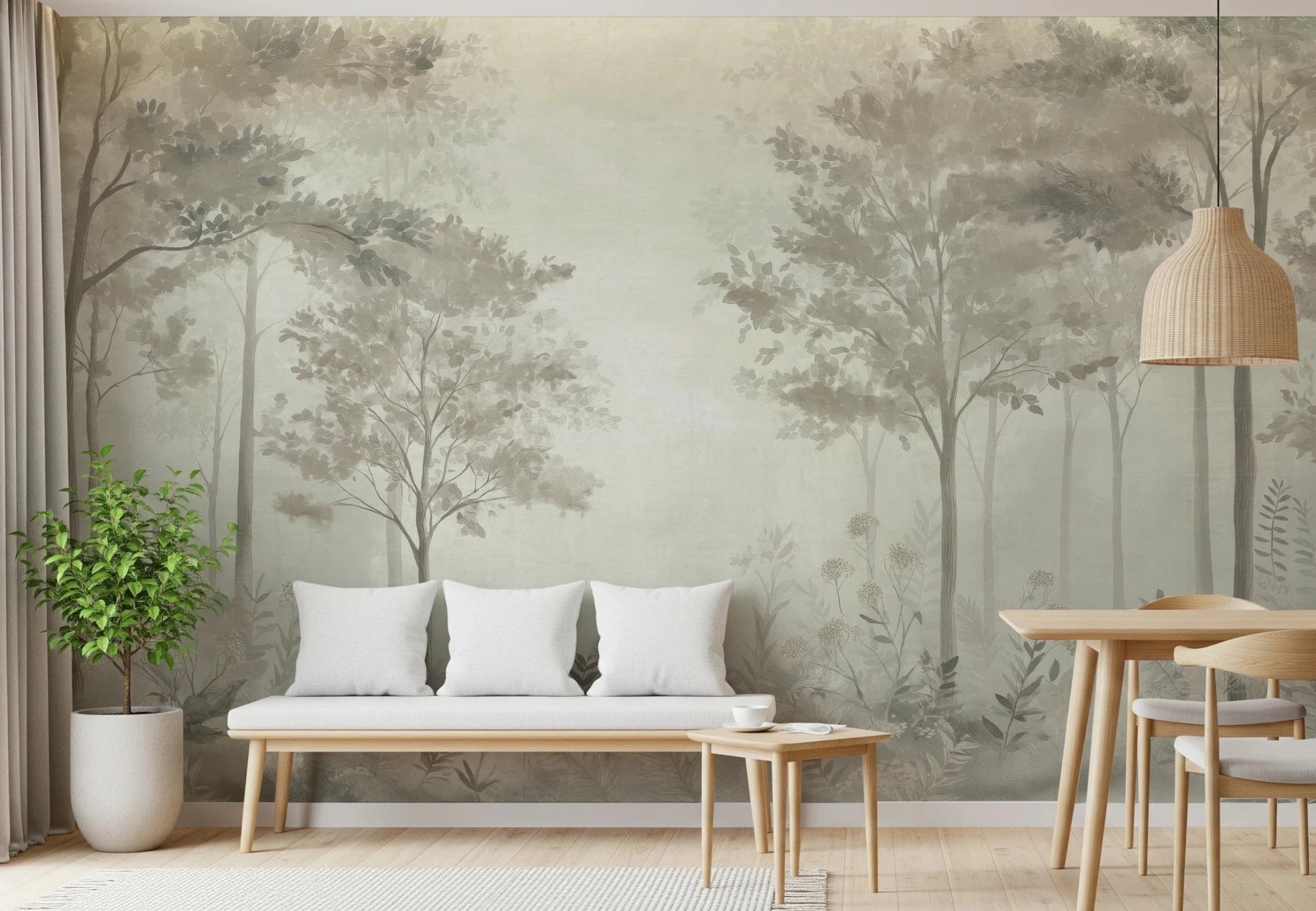 Scandinavian forest Dusty Green mural of misty sage trees behind a wood bench with white cushions in a living room