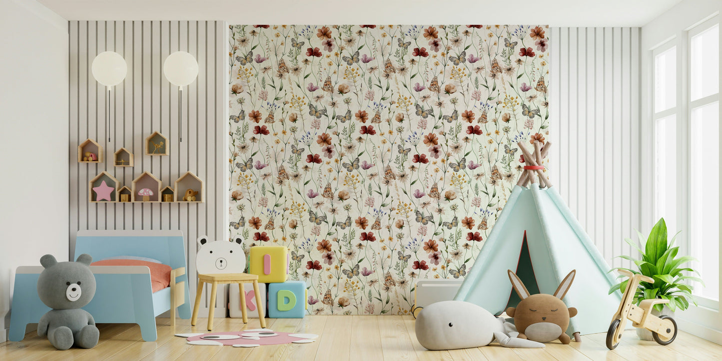 The scene includes colorful wildflowers and butterflies.

