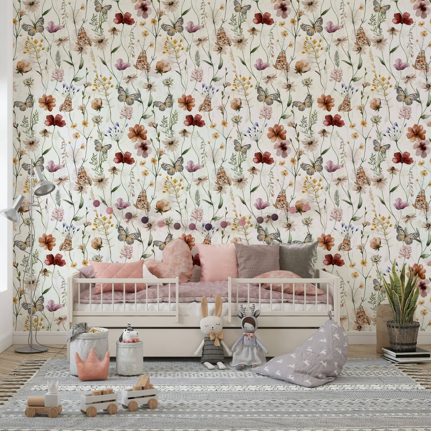 Wallpaper mural with a watercolor wildflower meadow.

