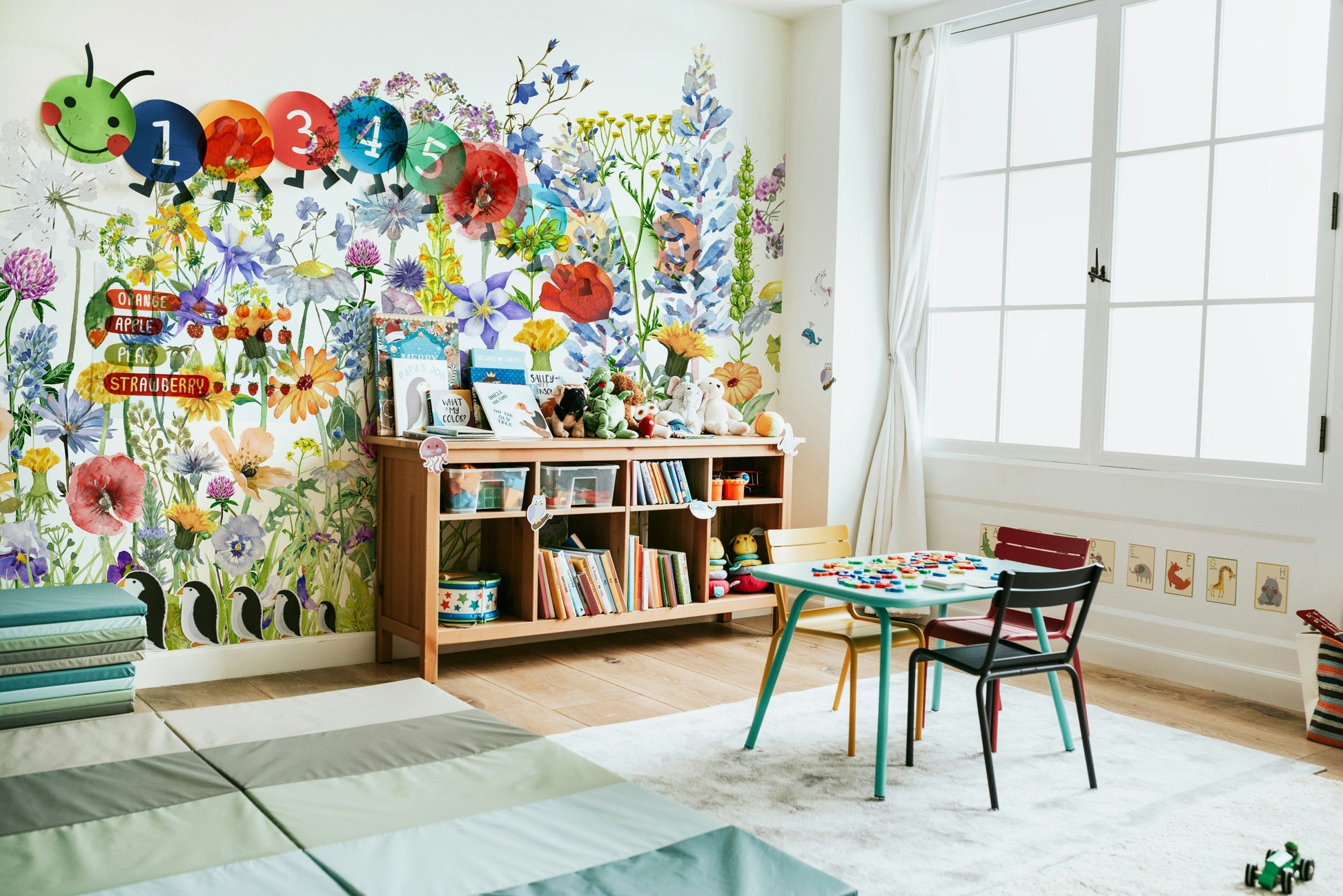 A wall covering with a whimsical and peaceful style.

