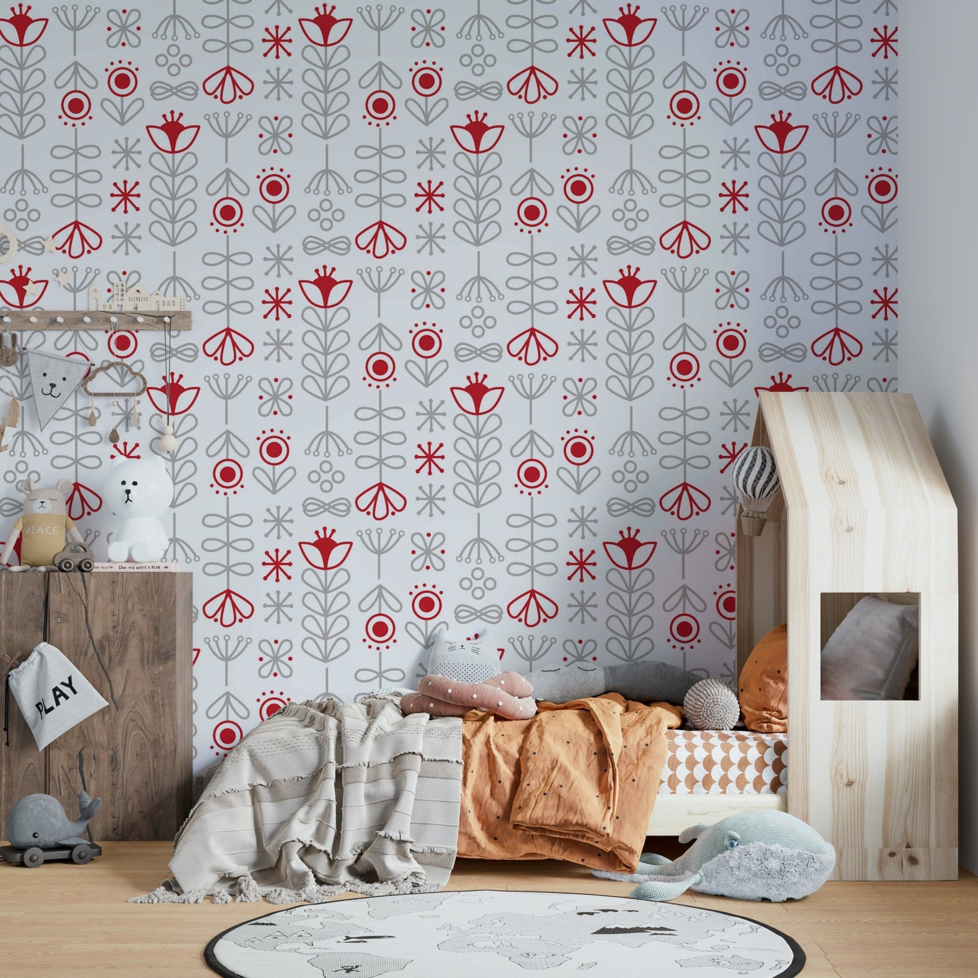 Modern Scandinavian wallpaper with soft red and grey flowers

