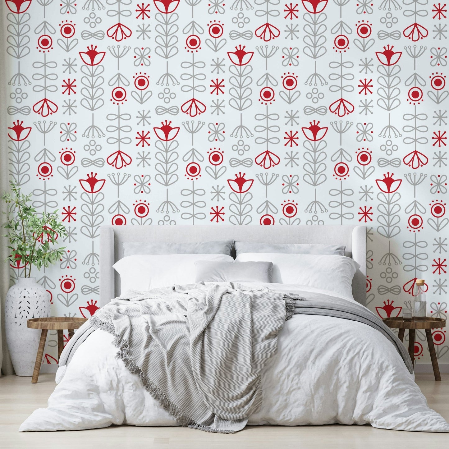 Bold red and grey floral wallpaper for modern interiors

