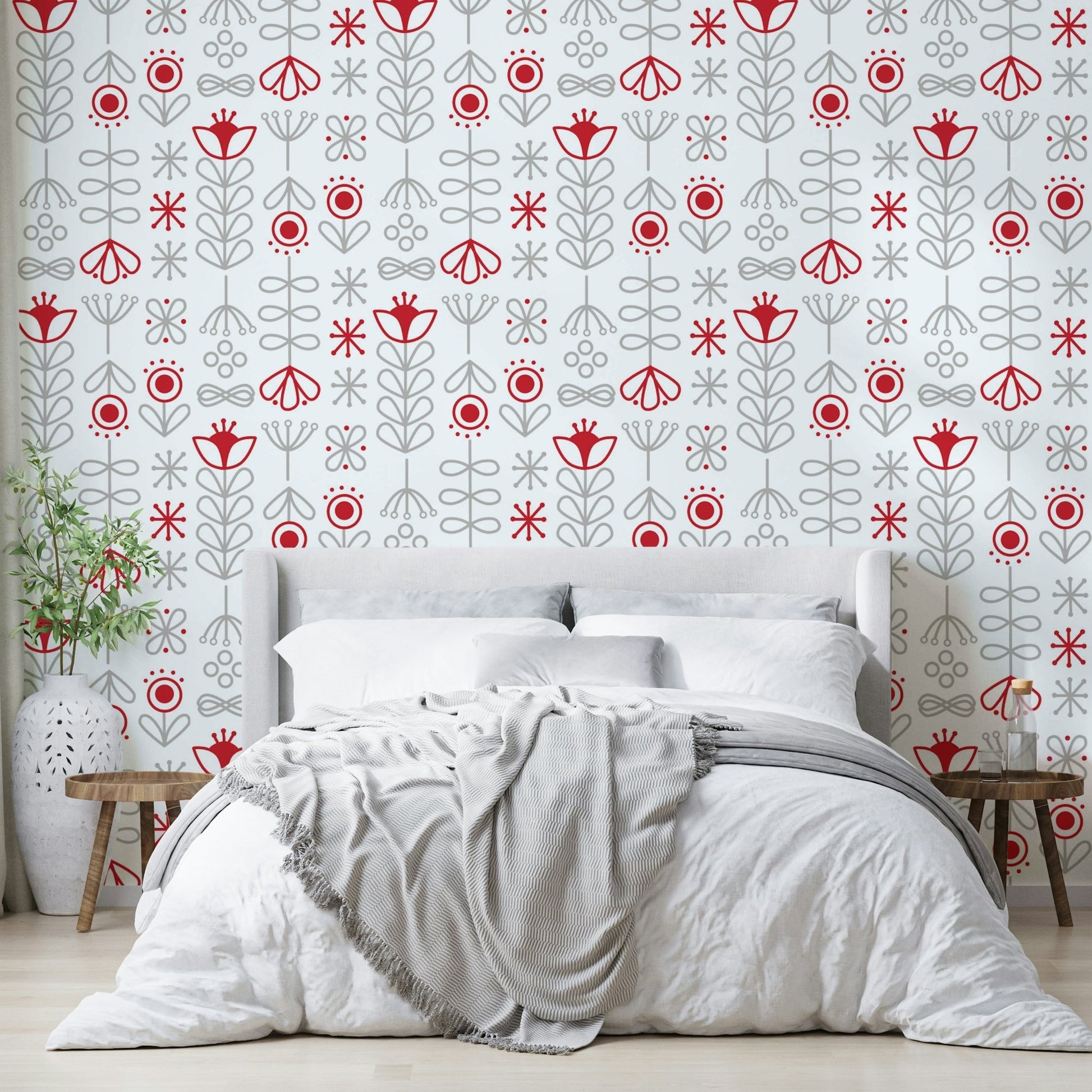 Bold red and grey floral wallpaper for modern interiors


