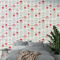 Scandinavian floral wallpaper with red blooms and grey tones

