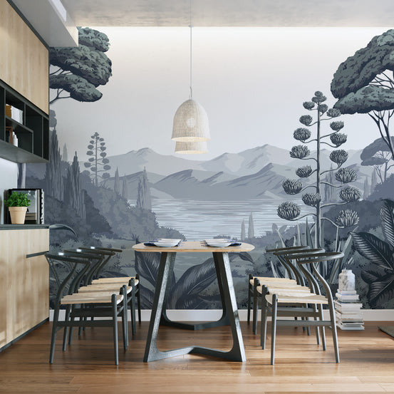 Tropical forest wallpaper mural with scenic landscape
