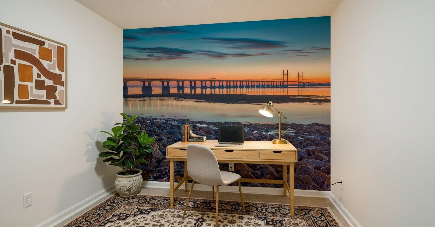 Scenic River Bridge View wall covering rocky shore texture