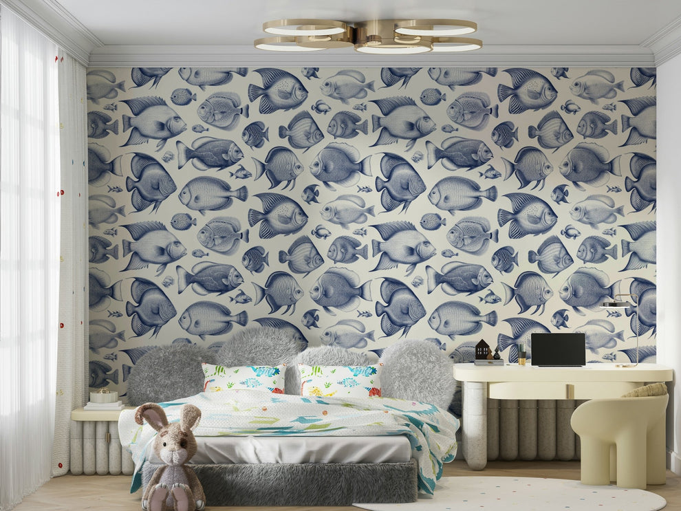 Uncanny Fish Delft Blue Wallpaper - Tropical Undersea Pattern